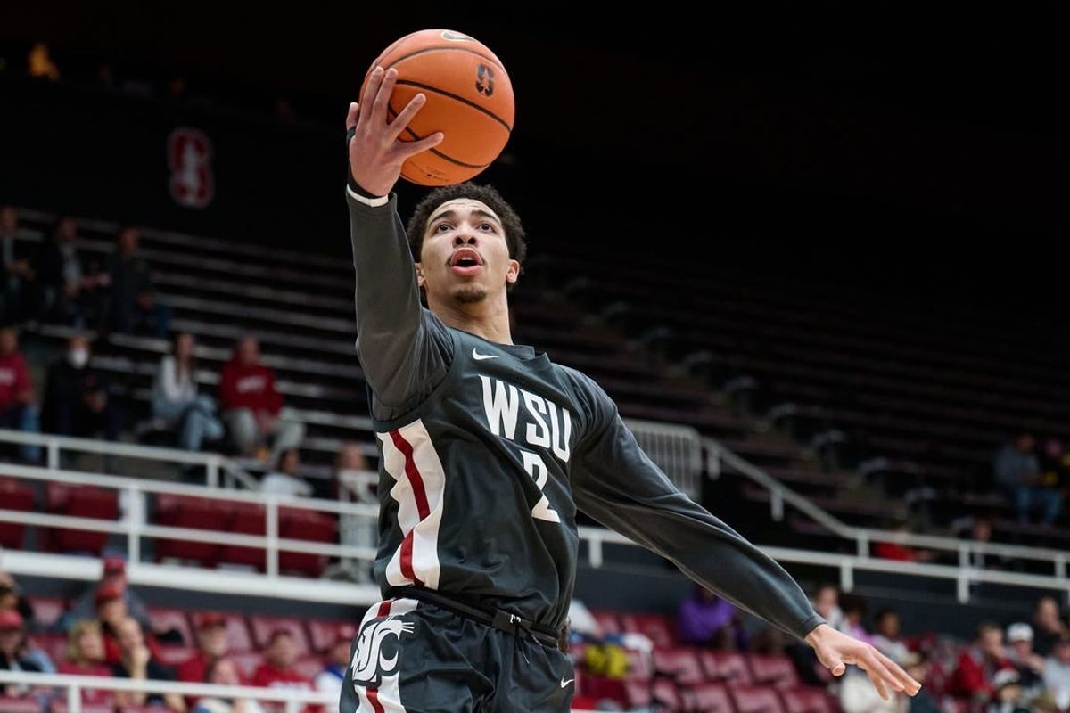 Jan 18, 2024; Stanford, California, USA; Washington State Cougars guard Myles Rice (2) shoots the ball against the Stanford Cardinal  during the first half at Maples Pavilion.