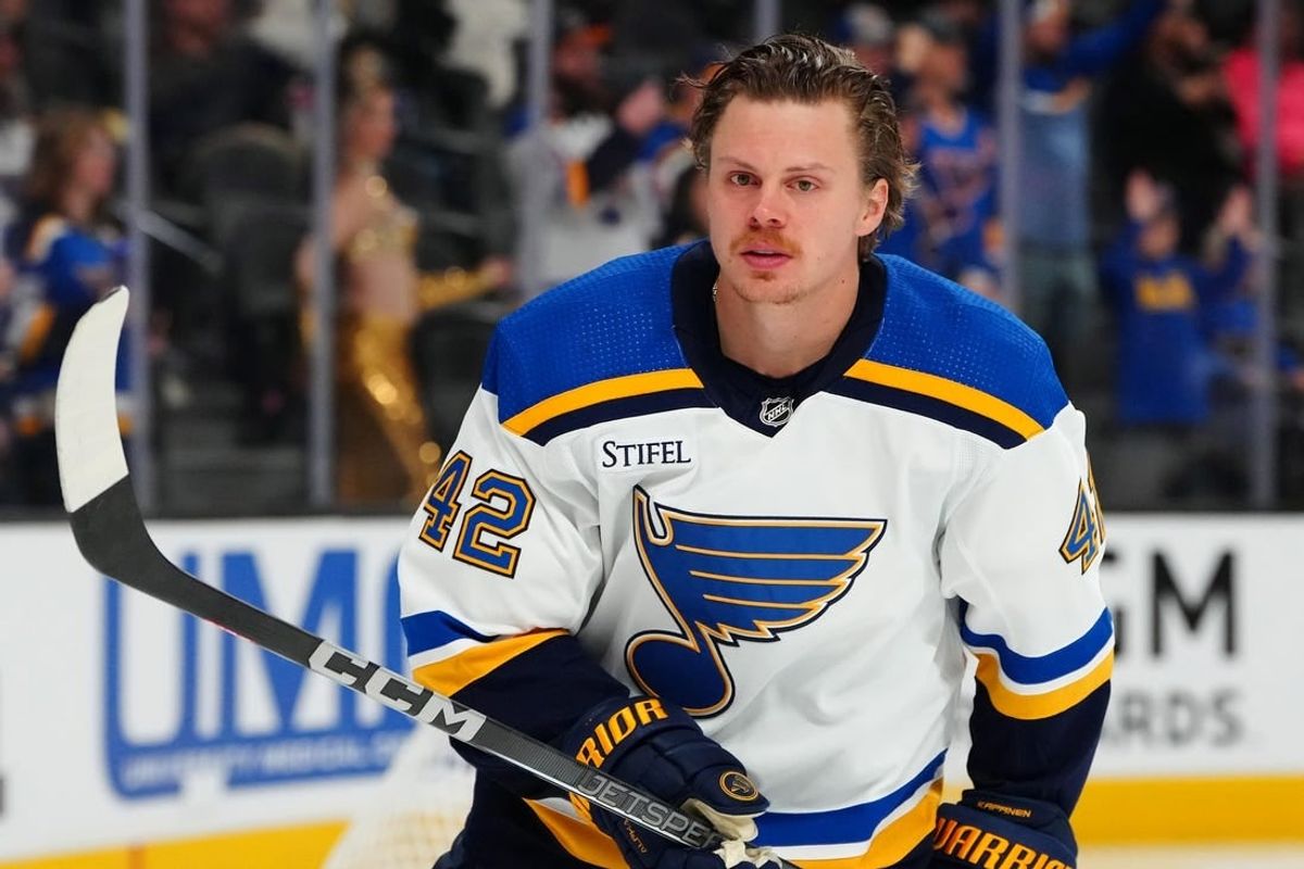 Dec 4, 2023; Las Vegas, Nevada, USA; St. Louis Blues right wing Kasperi Kapanen (42) warms up before a game against the Vegas Golden Knights at T-Mobile Arena.