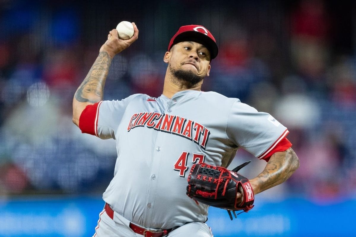 Apr 3, 2024; Philadelphia, Pennsylvania, USA; Cincinnati Reds starting pitcher Frankie Montas (47) throws a pitch during the second inning against the Philadelphia Phillies at Citizens Bank Park.