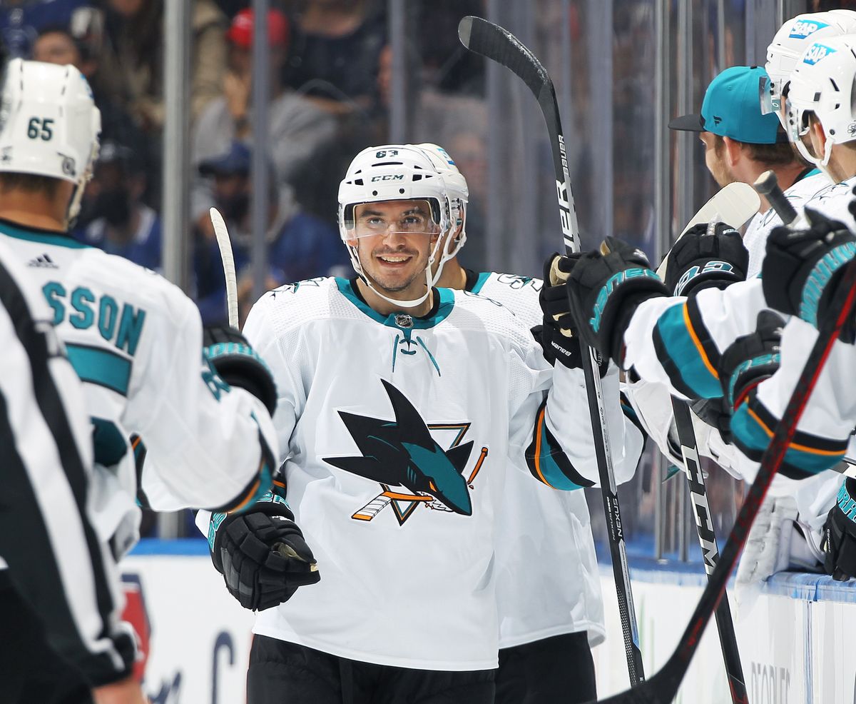 The undefeated San Jose Sharks’ Matt Nieto celebrates a goal by teammate Erik Karlsson.