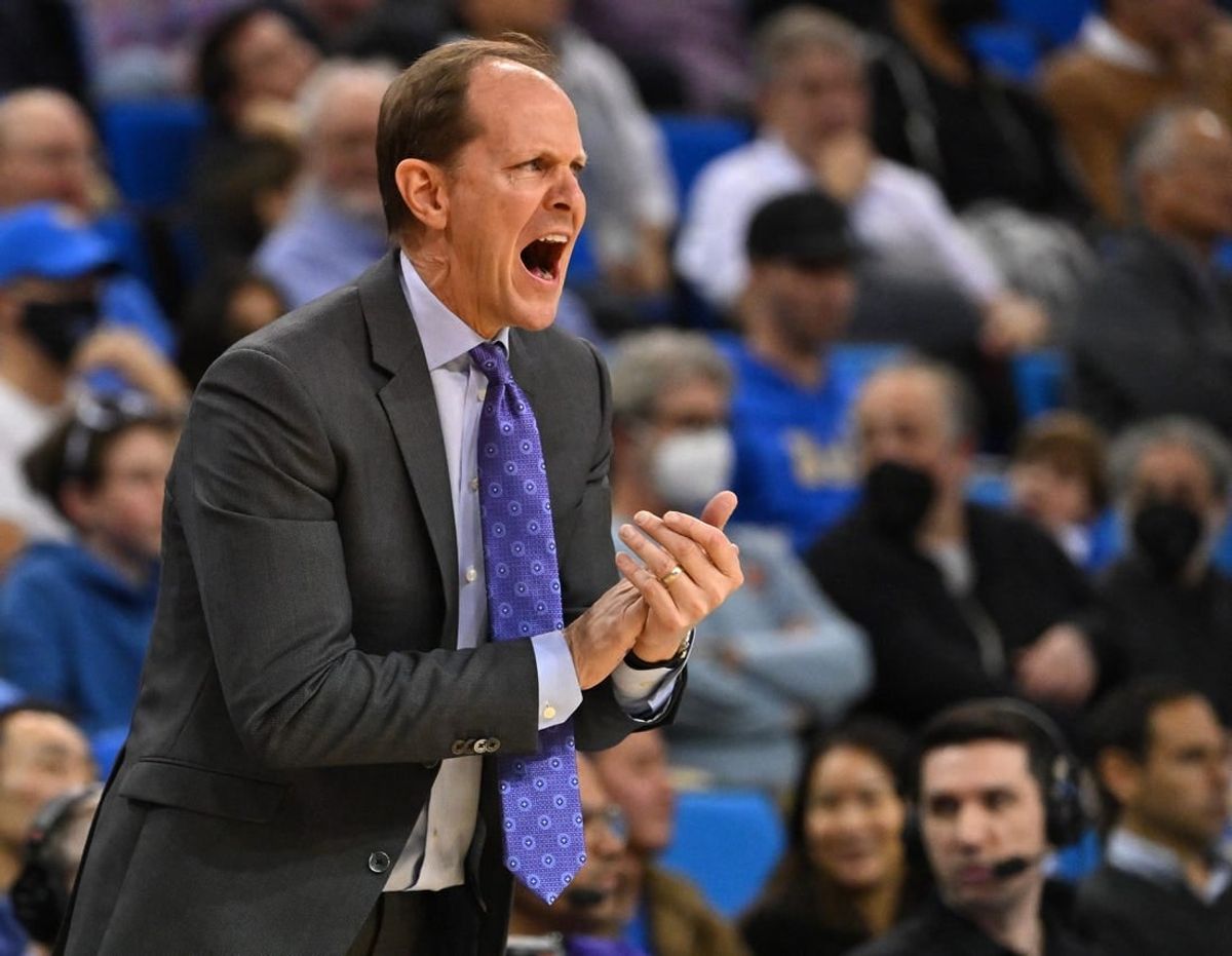 Feb 2, 2023; Los Angeles, California, USA; Washington Huskies head coach Mike Hopkins cheers on his team in the second half against the UCLA Bruins at Pauley Pavilion presented by Wescom.