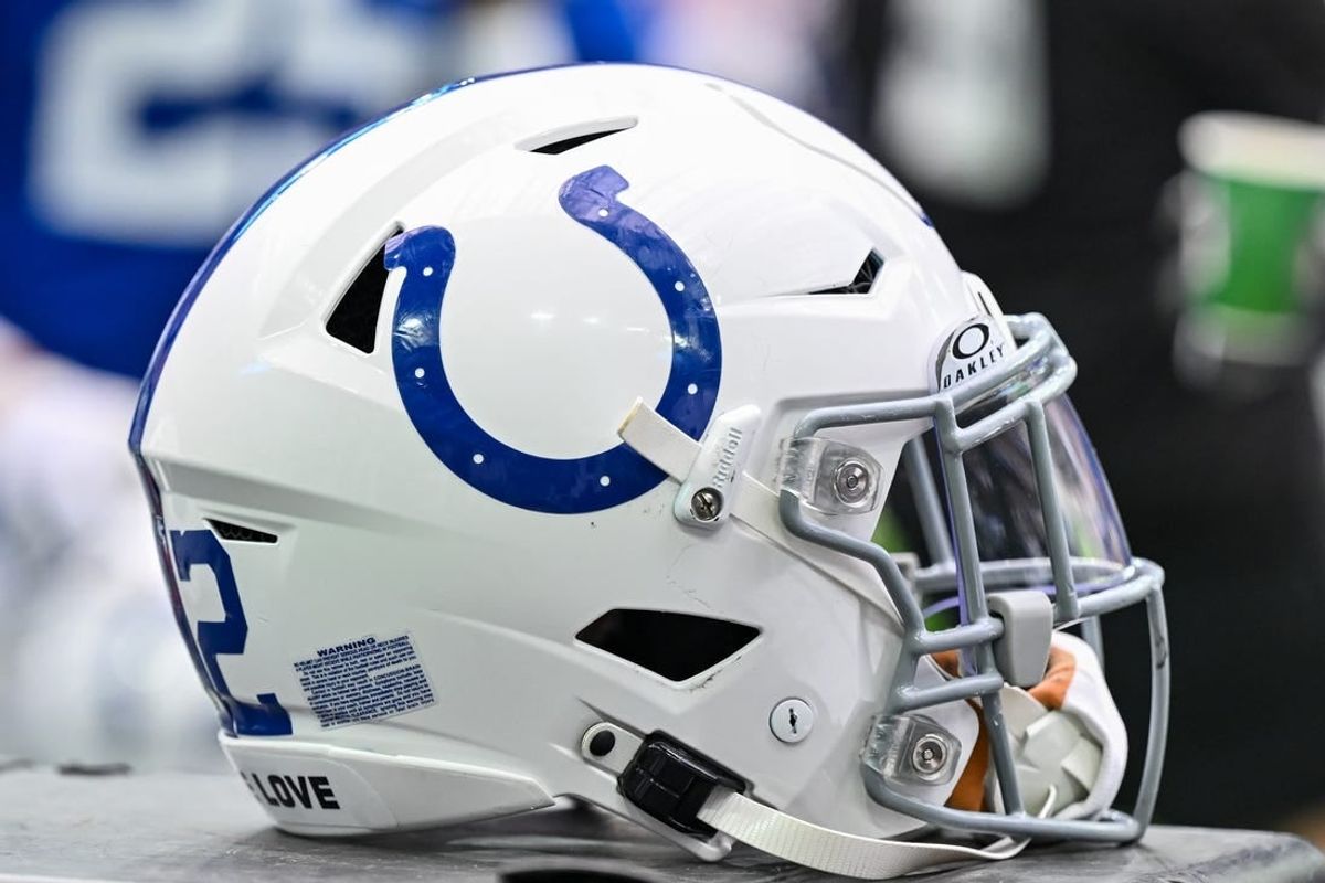 Sep 17, 2023; Houston, Texas, USA; A detailed view of an Indianapolis Colts helmet on the sideline during the game against the Houston Texans at NRG Stadium.