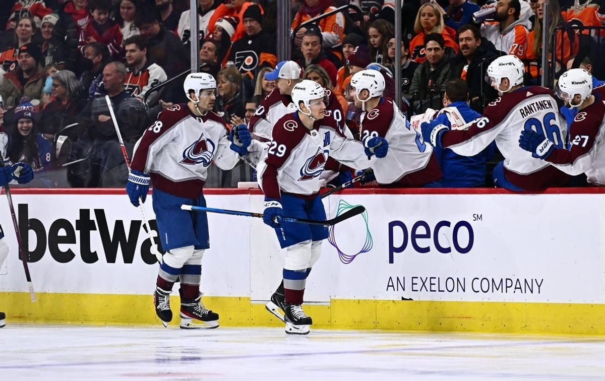 Jan 20, 2024; Philadelphia, Pennsylvania, USA; Colorado Avalanche center Nathan MacKinnon (29) celebrates with teammates after scoring a goal against the Philadelphia Flyers in the second period at Wells Fargo Center.