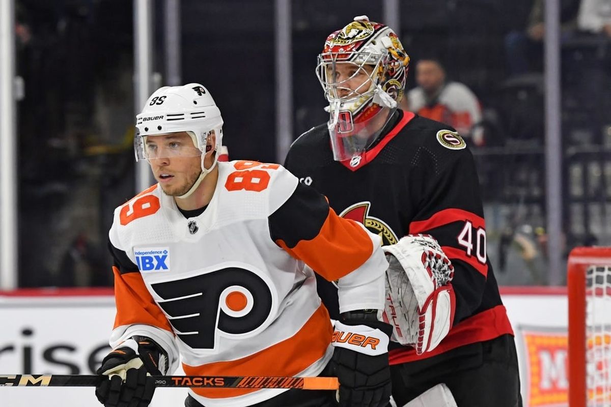 Mar 2, 2024; Philadelphia, Pennsylvania, USA; Philadelphia Flyers right wing Cam Atkinson (89) in front of Ottawa Senators goaltender Mads Sogaard (40) during the first period at Wells Fargo Center.