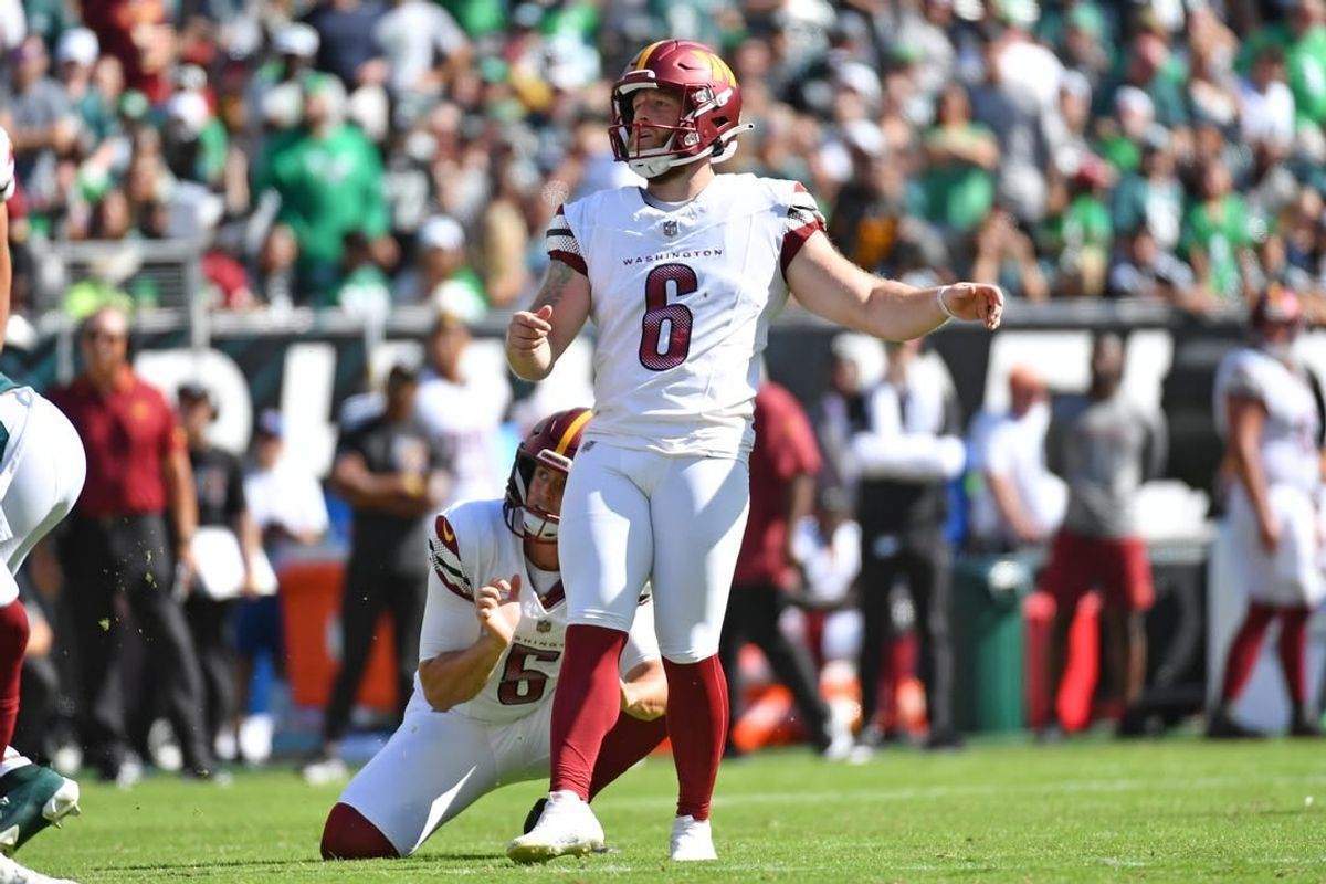 Oct 1, 2023; Philadelphia, Pennsylvania, USA; Washington Commanders place kicker Joey Slye (6) kicks a field goal against the Philadelphia Eagles at Lincoln Financial Field.