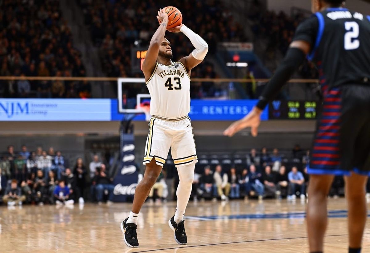 Jan 12, 2024; Villanova, Pennsylvania, USA; Villanova Wildcats forward Eric Dixon (43) shoots against the Depaul Blue Demons in the first half at William B. Finneran Pavilion.