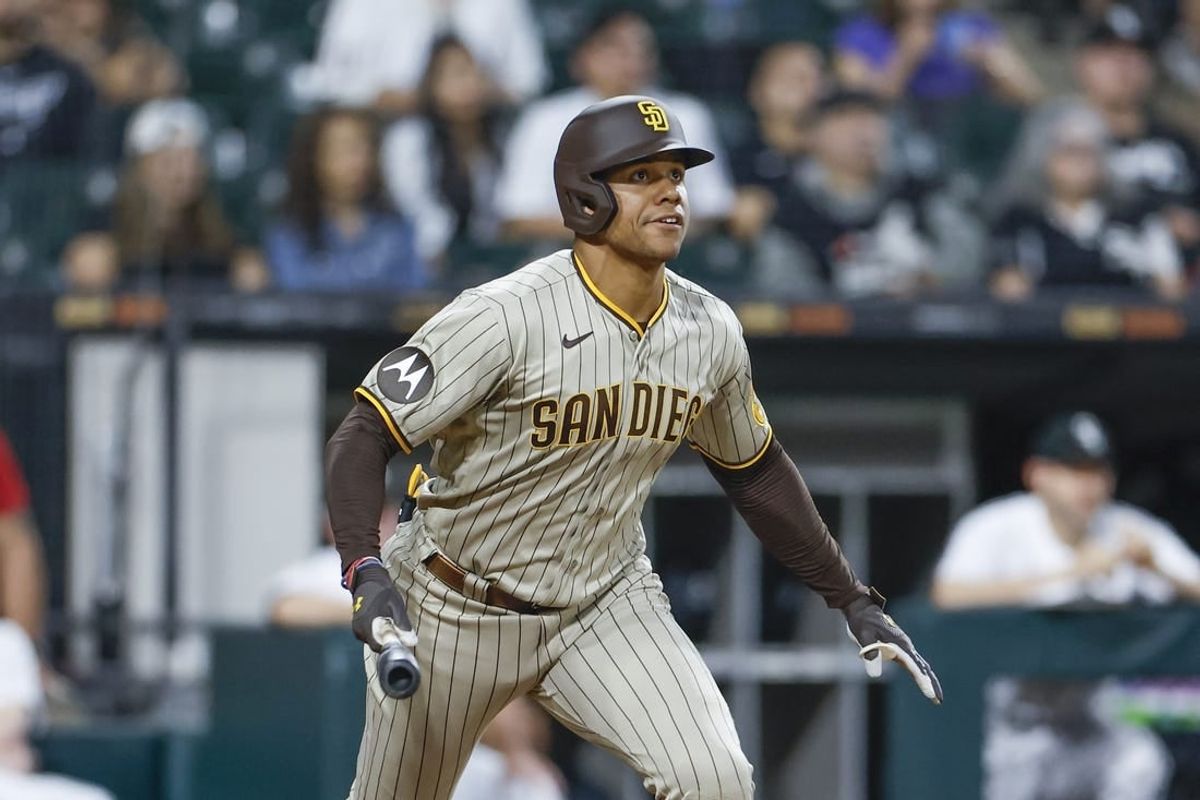Sep 30, 2023; Chicago, Illinois, USA; San Diego Padres left fielder Juan Soto (22) watches his RBI-double against the Chicago White Sox during the second inning at Guaranteed Rate Field.