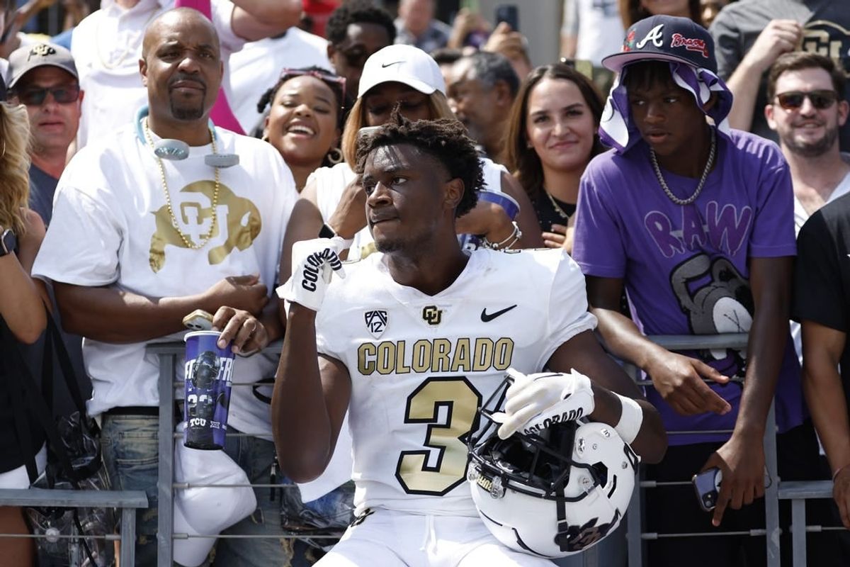 Sep 2, 2023; Fort Worth, Texas, USA; Colorado Buffaloes running back Dylan Edwards (3) celebrates with fans after the game against the TCU Horned Frogs at Amon G. Carter Stadium.