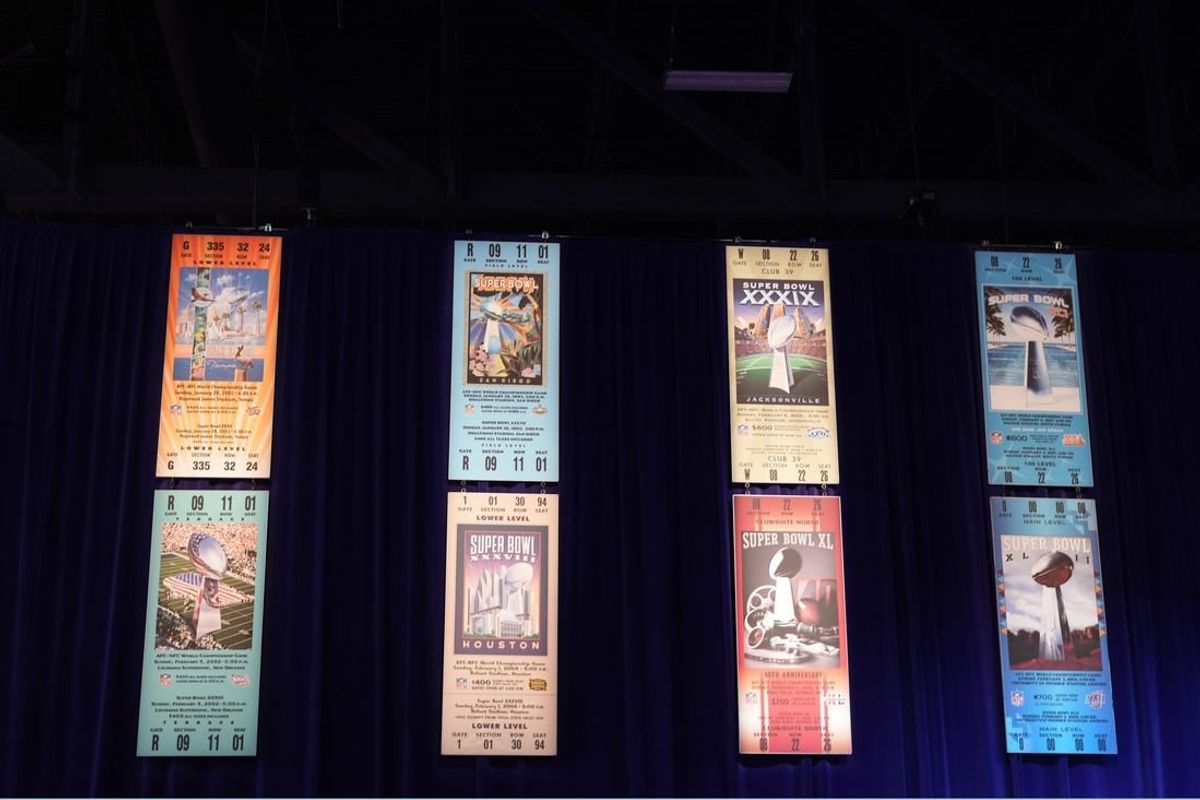 Feb 9, 2024; Las Vegas, NV, USA; A Super Bowl ticket exhibit at the NFL Experience at the Mandalay Bay South Convention Center.