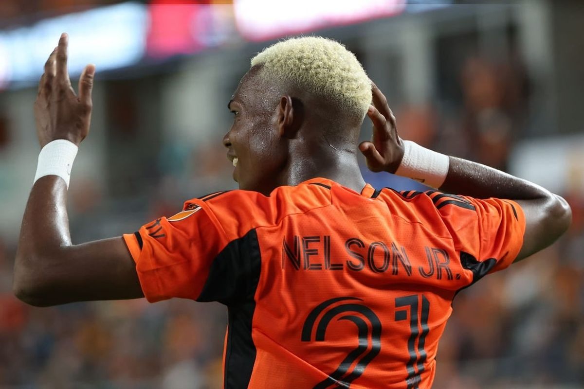 Oct 29, 2023; Houston, TX, USA; Houston Dynamo forward Nelson Quinones (21) reacts against Real Salt Lake in the second half for game one in a round one match of the 2023 MLS Cup Playoffs at Shell Energy Stadium.
