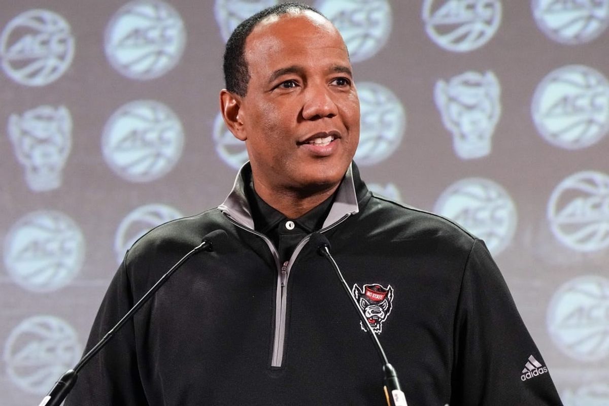 Oct 25, 2023; Charlotte, NC, USA;  North Carolina State coach Kevin Keatts  speaks to the media during the ACC Tipoff at Hilton Charlotte Uptown.