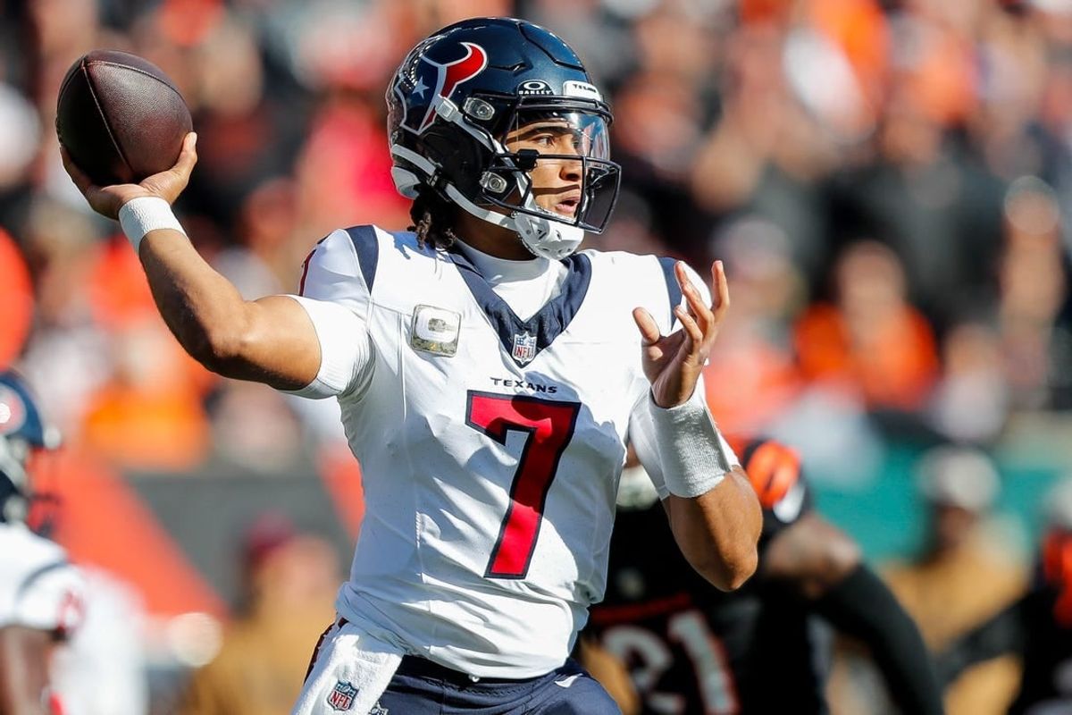 Nov 12, 2023; Cincinnati, Ohio, USA; Houston Texans quarterback C.J. Stroud (7) throws a pass against the Cincinnati Bengals in the first half at Paycor Stadium.