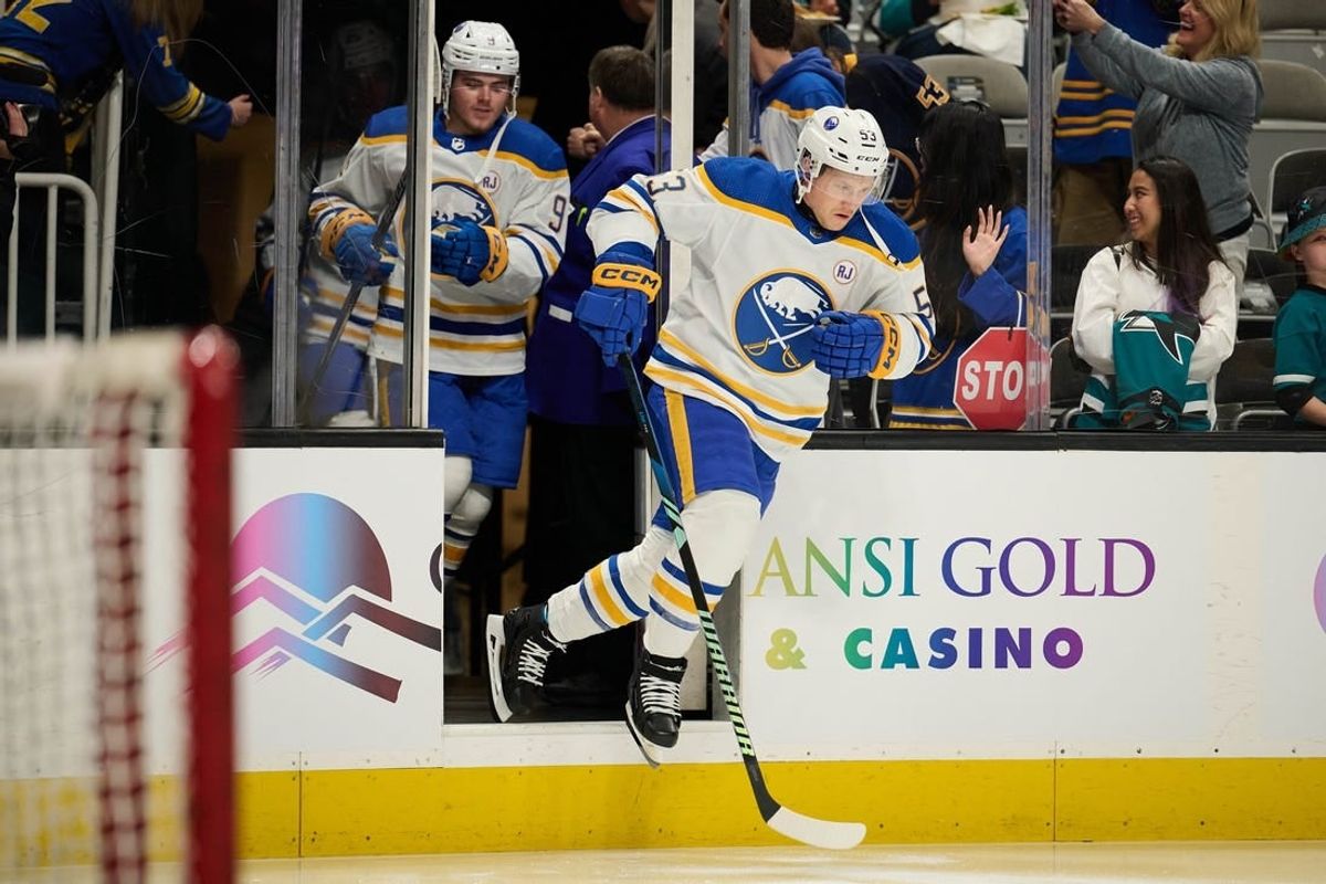 Jan 27, 2024; San Jose, California, USA; Buffalo Sabres left wing Jeff Skinner (53) steps onto the ice for warmups before the game between the San Jose Sharks and the Buffalo Sabres at SAP Center at San Jose.