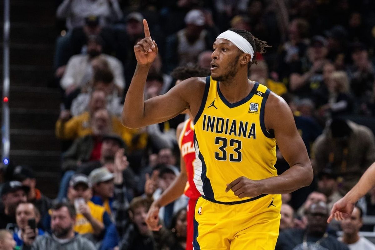 Jan 5, 2024; Indianapolis, Indiana, USA; Indiana Pacers center Myles Turner (33) celebrates a basket  in the second half against the Atlanta Hawks at Gainbridge Fieldhouse.