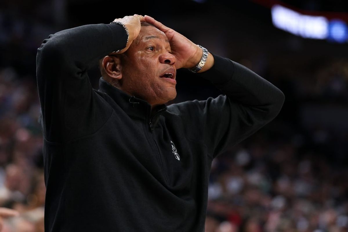 Feb 23, 2024; Minneapolis, Minnesota, USA; Milwaukee Bucks head coach Doc Rivers reacts during the first half against the Minnesota Timberwolves at Target Center.