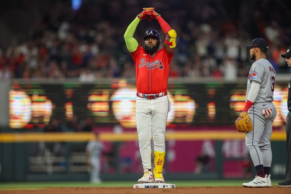 Apr 26, 2024; Atlanta, Georgia, USA; Atlanta Braves designated hitter Marcell Ozuna (20) celebrates after a two-run double against the Cleveland Guardians in the fourth inning at Truist Park.