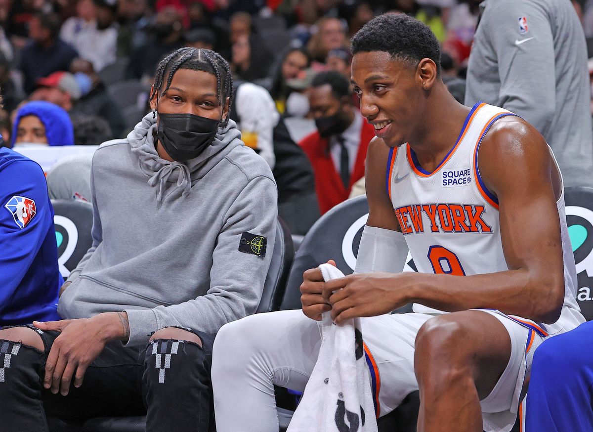New Knick Cam Reddish sits on bench after trade to New York with Duke buddy R.J. Barrett.
