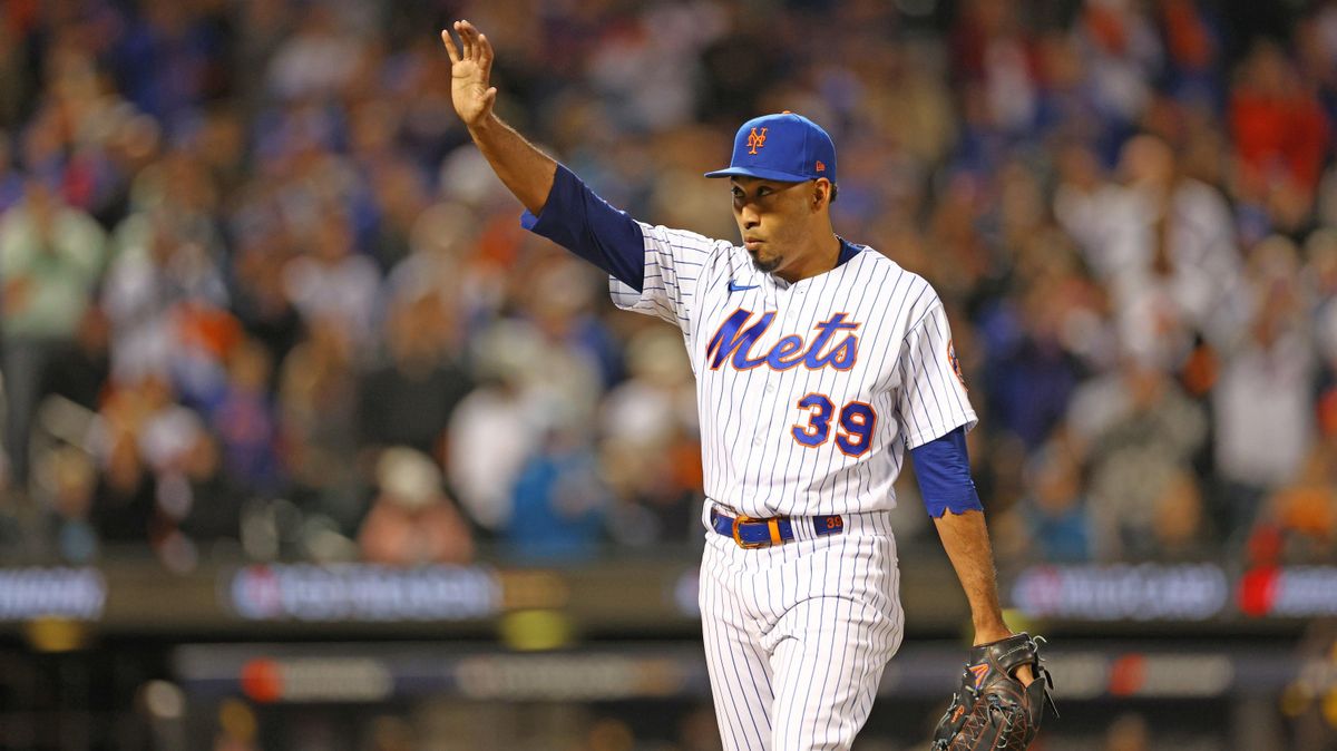 Edwin Diaz exits the game during the eighth inning against the San Diego Padres in game two of the Wild Card Series at Citi Field on October 08, 2022 in New York City.