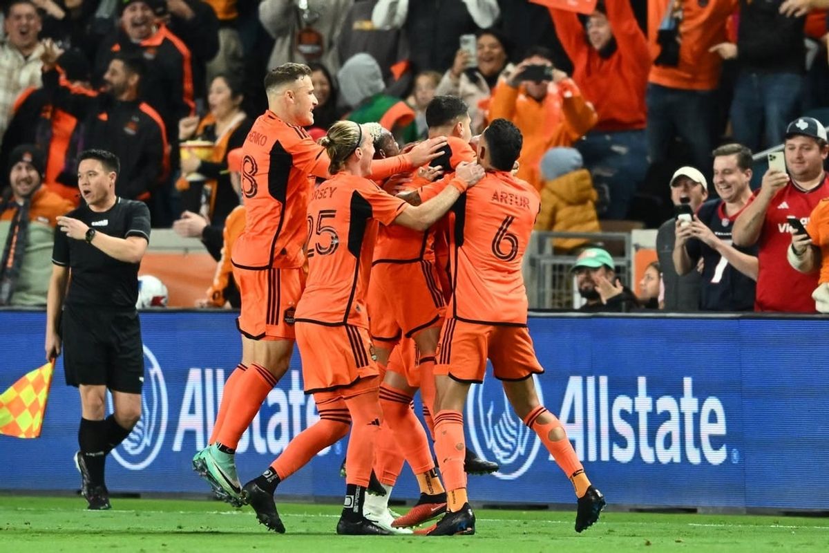 Nov 26, 2023; Houston, Texas, USA; Houston Dynamo defender Franco Escobar (2) reacts after scoring a goal against Sporting Kansas City during the first half for the MLS Cup Western Conference Semifinal match at Shell Energy Stadium.