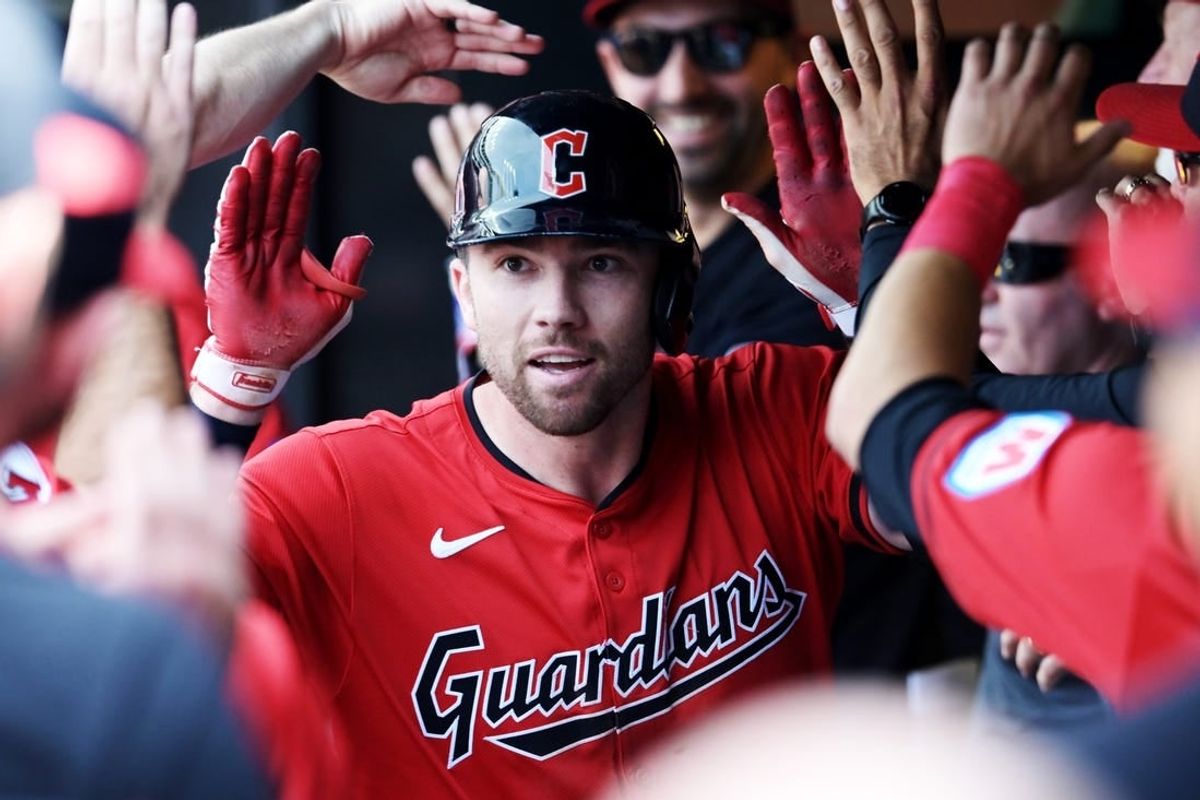 May 8, 2024; Cleveland, Ohio, USA; Cleveland Guardians left fielder David Fry (6) celebrates after hitting a home run during the ninth inning against the Detroit Tigers at Progressive Field.