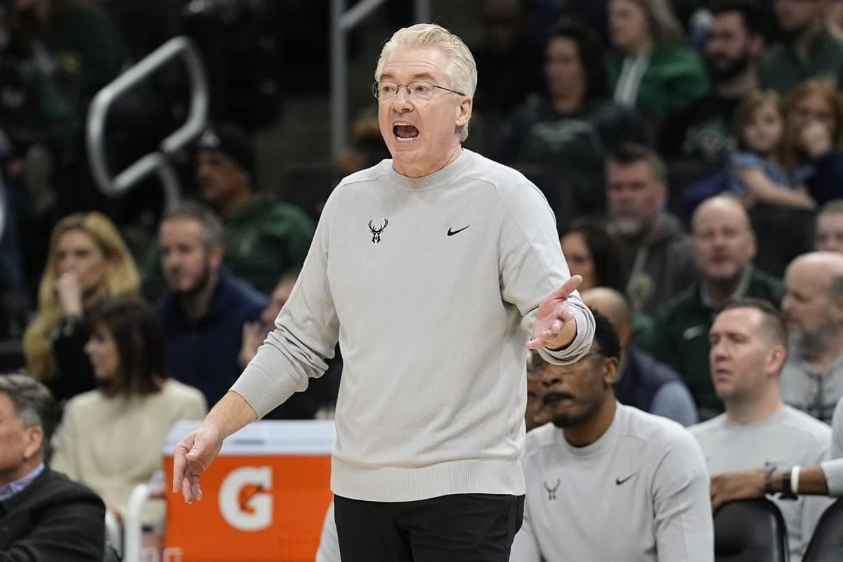 Jan 26, 2024; Milwaukee, Wisconsin, USA;  Milwaukee Bucks interim head coach Joe Prunty reacts to a call during the fourth quarter against the Cleveland Cavaliers at Fiserv Forum.