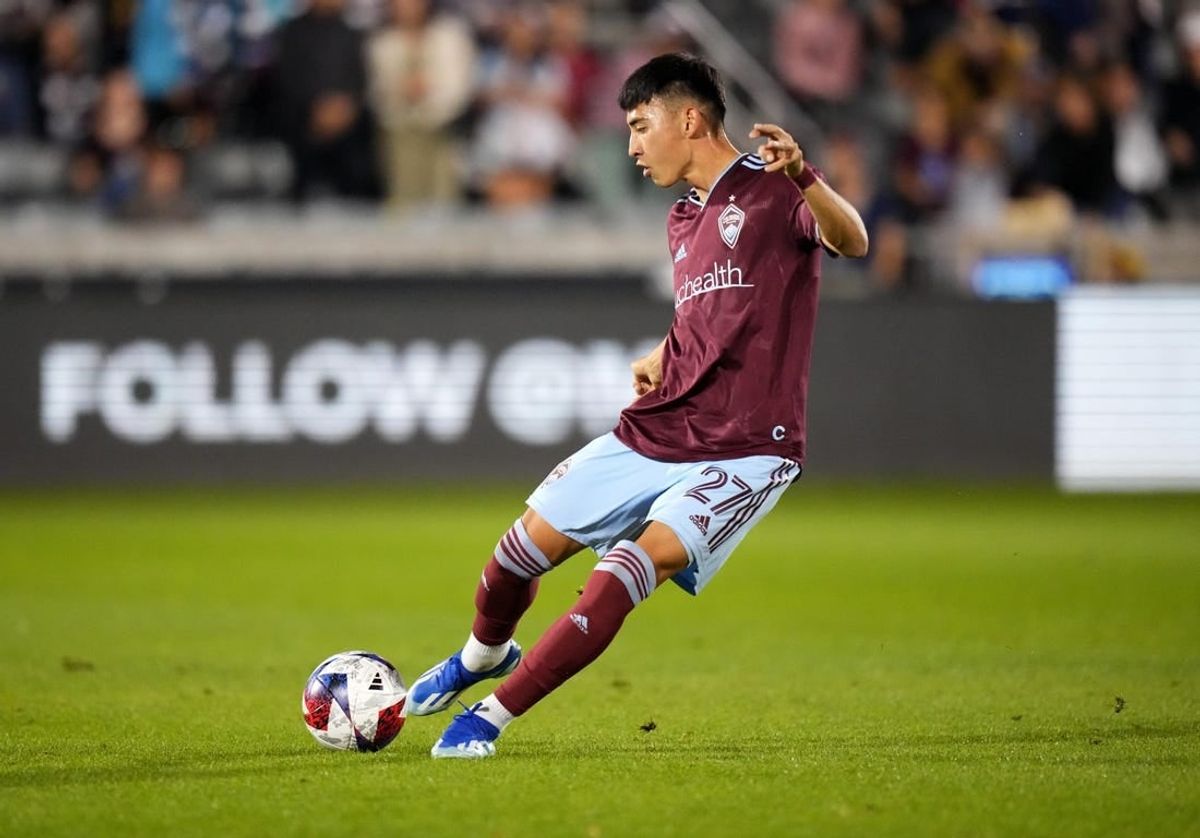 Oct 21, 2023; Commerce City, Colorado, USA; Colorado Rapids defender Sebastian Anderson (27) kicks the ball in the first half against the Real Salt Lake at Dick's Sporting Goods Park.