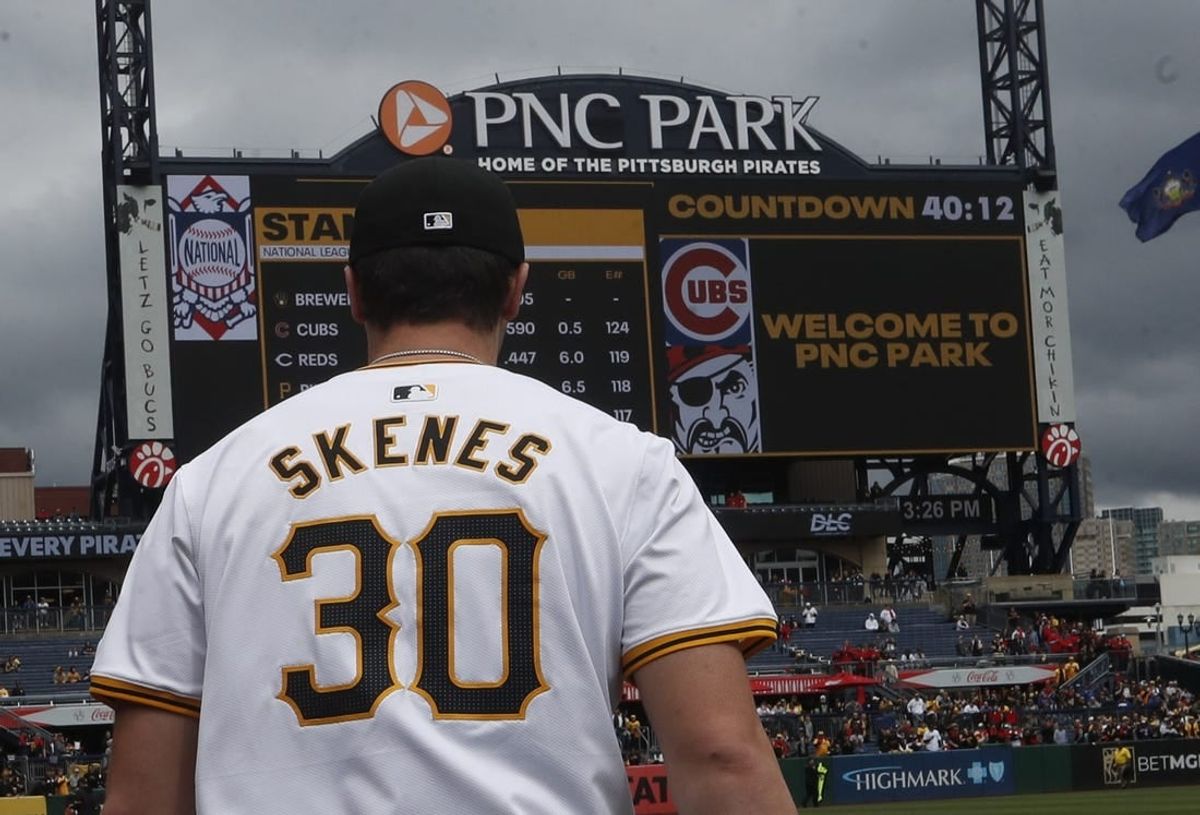 May 11, 2024; Pittsburgh, Pennsylvania, USA;  Pittsburgh Pirates starting pitcher Paul Skenes (30) heads to the bullpen to warm up before making his major league debut against the Chicago Cubs at PNC Park.