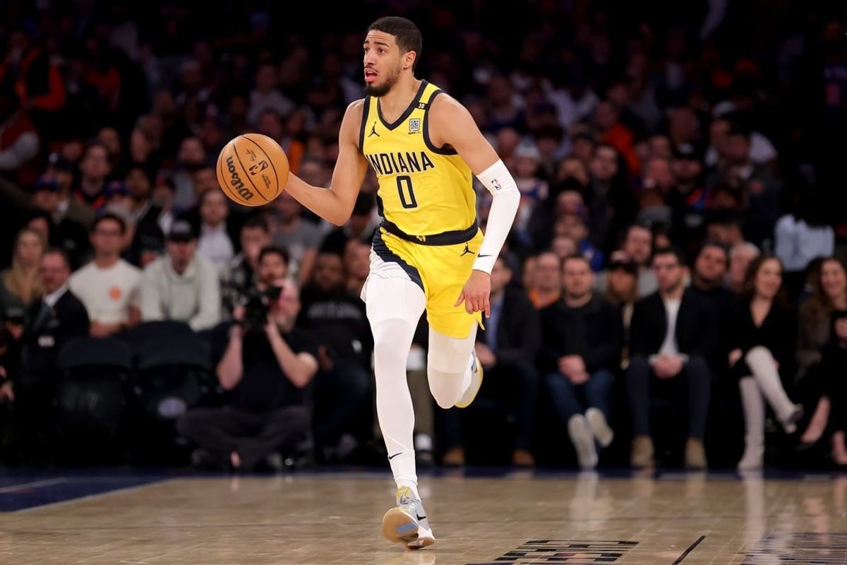 Feb 1, 2024; New York, New York, USA; Indiana Pacers guard Tyrese Haliburton (0) brings the ball up court against the New York Knicks during the first quarter at Madison Square Garden.
