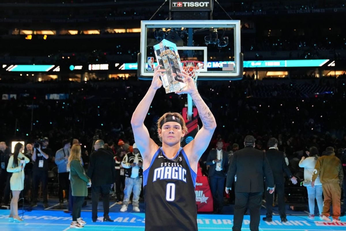 Feb 17, 2024; Indianapolis, IN, USA; Osceola Magic guard Mac McClung (0) after winning the slam dunk competition during NBA All Star Saturday Night at Lucas Oil Stadium.