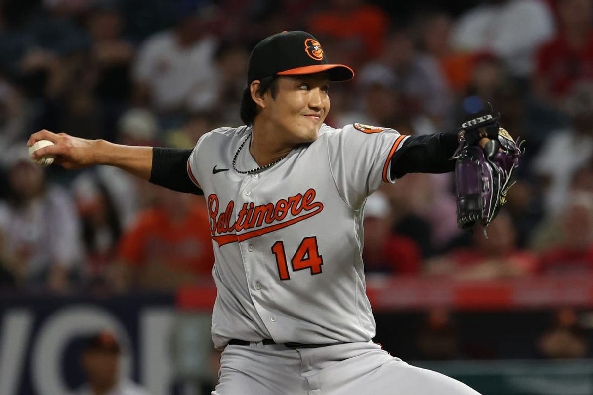 Sep 6, 2023; Anaheim, California, USA;  Baltimore Orioles relief pitcher Shintaro Fujinami (14) pitches during the eighth inning against the Los Angeles Angels at Angel Stadium.