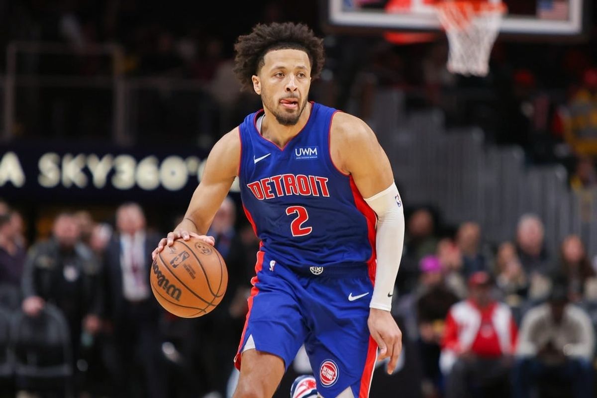 Dec 18, 2023; Atlanta, Georgia, USA; Detroit Pistons guard Cade Cunningham (2) dribbles against the Atlanta Hawks in the second half at State Farm Arena.