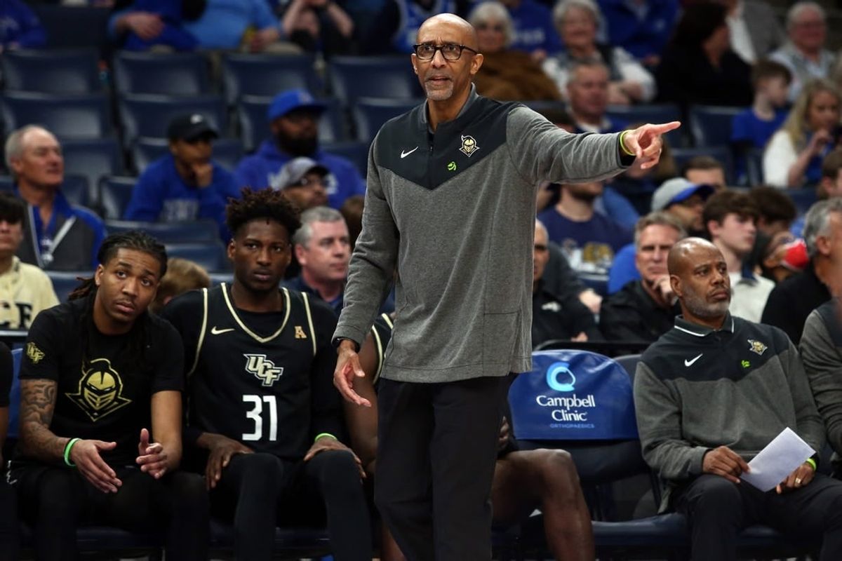 Feb 16, 2023; Memphis, Tennessee, USA; UCF Knights head coach Johnny Dawkins reacts during the first half against the Memphis Tigers at FedExForum.