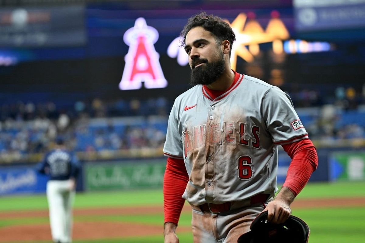 Apr 17, 2024; St. Petersburg, Florida, USA; Los Angeles Angels third baseman Anthony Rendon (6) reacts after scoring a run in the ninth inning against the Tampa Bay Rays  at Tropicana Field.