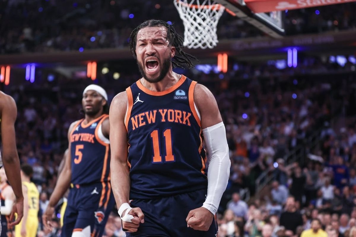 May 8, 2024; New York, New York, USA; New York Knicks guard Jalen Brunson (11) celebrates in the fourth quarter after scoring against the Indiana Pacers during game two of the second round for the 2024 NBA playoffs at Madison Square Garden.