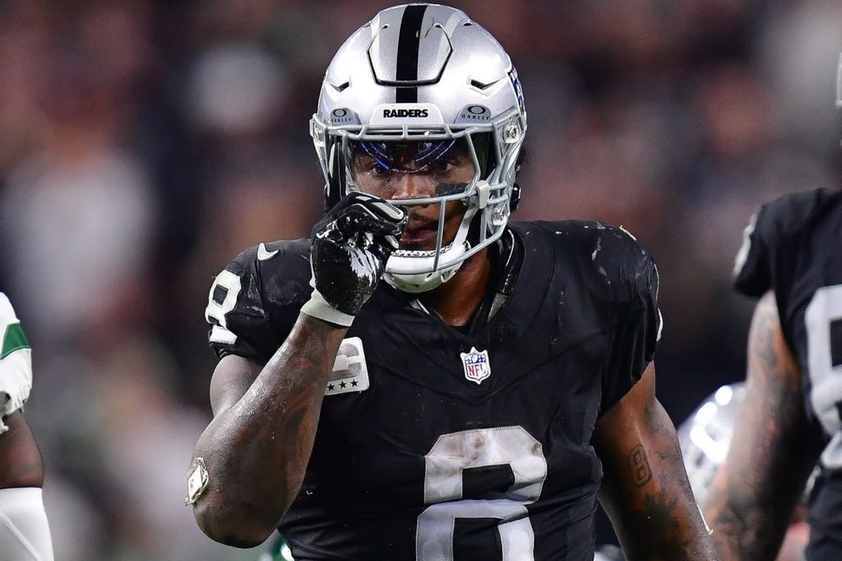 Nov 12, 2023; Paradise, Nevada, USA; Las Vegas Raiders running back Josh Jacobs (8) reacts after getting first down against the New York Jets during the second half at Allegiant Stadium.