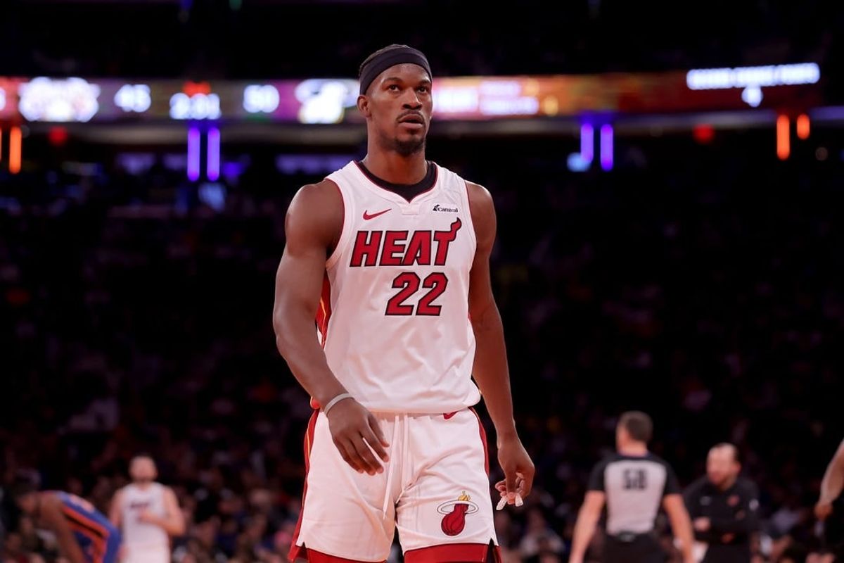 Nov 24, 2023; New York, New York, USA; Miami Heat forward Jimmy Butler (22) reacts during the second quarter against the New York Knicks at Madison Square Garden.