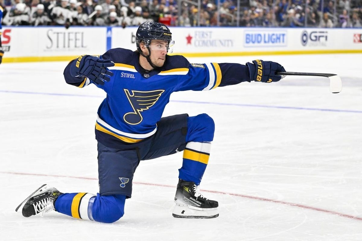 Oct 19, 2023; St. Louis, Missouri, USA;  St. Louis Blues left wing Jakub Vrana (15) celebrates after scoring against the Arizona Coyotes during the second period at Enterprise Center.