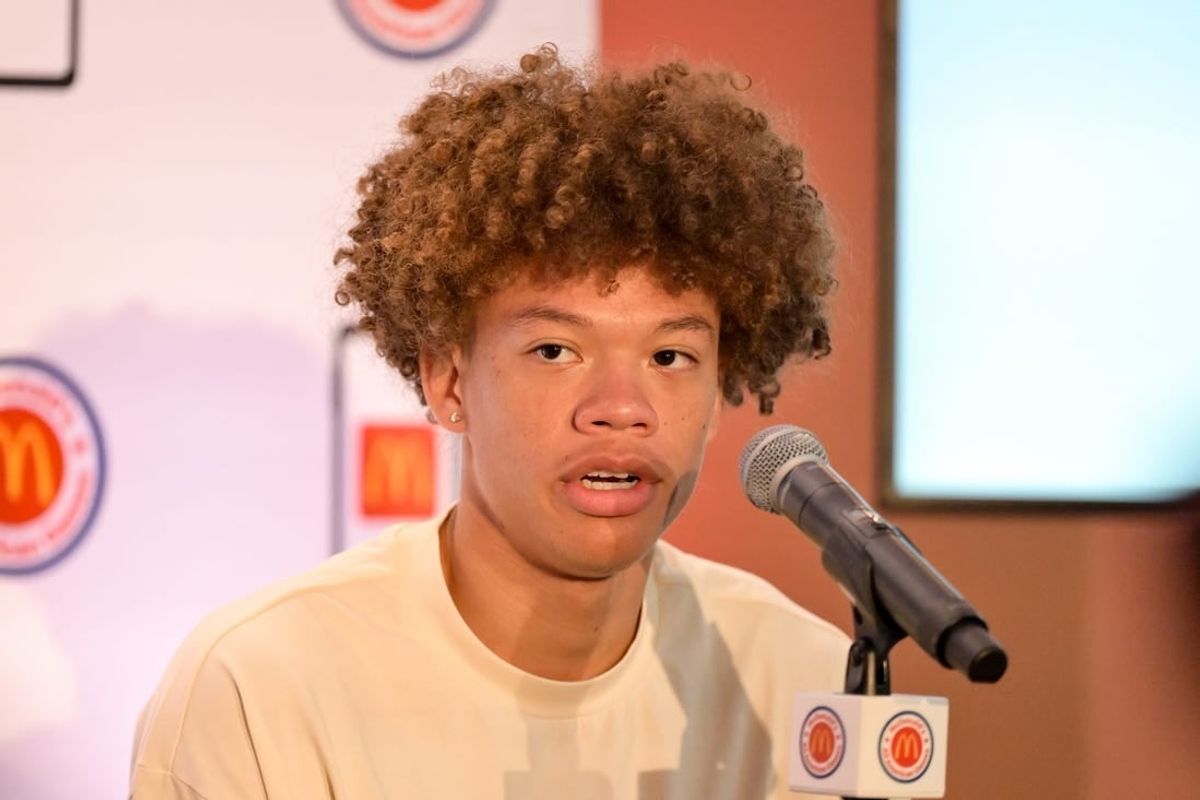 Apr 1, 2024; Houston, TX, USA; McDonald's All American West guard Trent Perry speaks during a press conference at JW Marriott Houston by The Galleria.