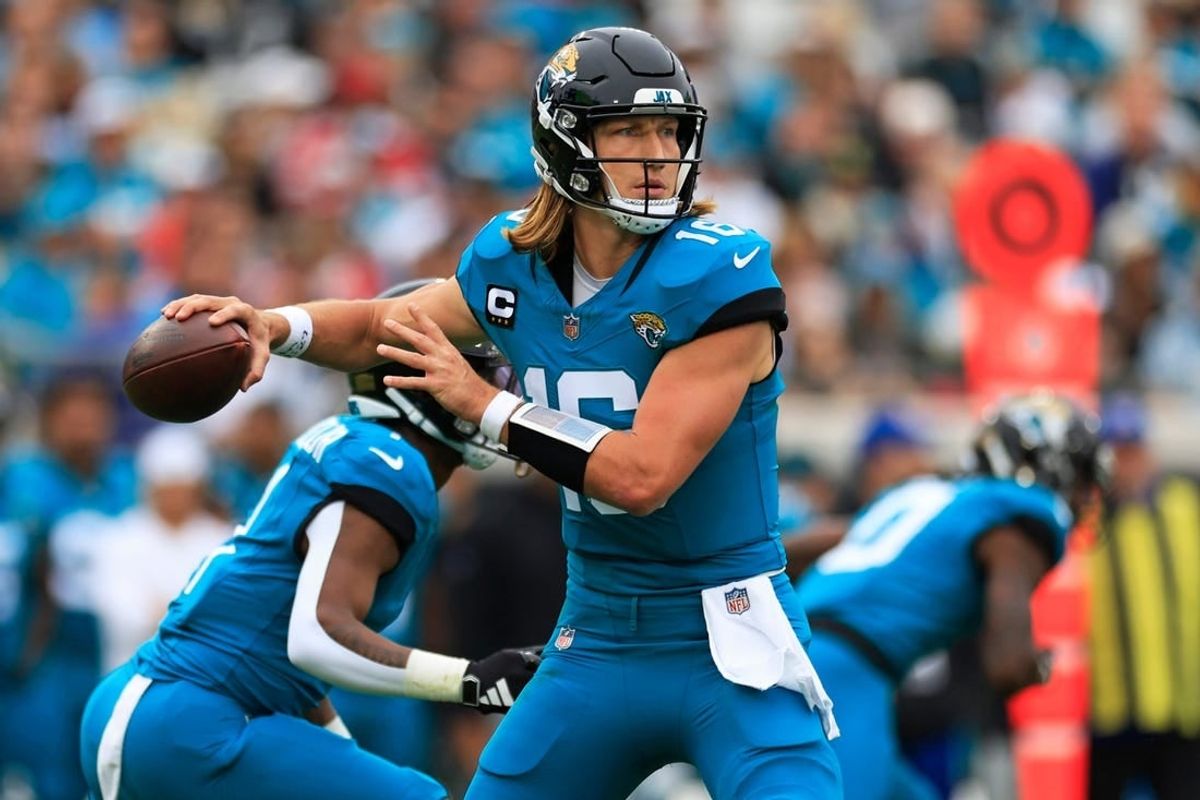 Jacksonville Jaguars quarterback Trevor Lawrence (16) looks to pass during the first quarter of an NFL football game Sunday, Nov. 12, 2023 at EverBank Stadium in Jacksonville, Fla. The San Francisco 49ers defeated the Jacksonville Jaguars 34-3. [Corey Perrine/Florida Times-Union]