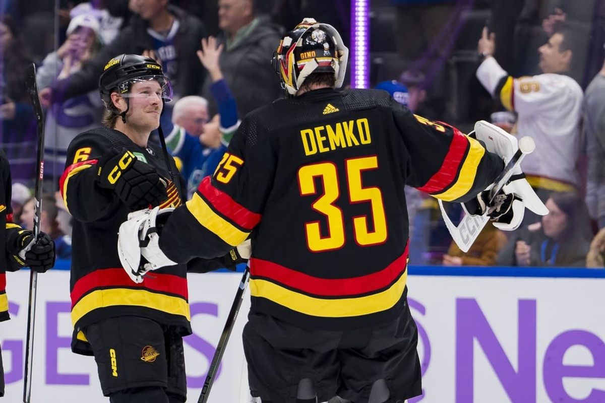 Nov 28, 2023; Vancouver, British Columbia, CAN; Vancouver Canucks forward Brock Boeser (6) and goalie Thatcher Demko (35) celebrate thier victory against the Anaheim Ducks at Rogers Arena. Vancouver won 3-1.