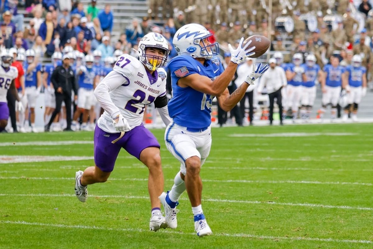 Dec 23, 2023; Fort Worth, TX, USA;  Air Force Falcons wide receiver Jared Roznos (13) catches a touchdown reception late in the second quarter with James Madison Dukes safety Jacob Thomas (27) defending at Amon G. Carter Stadium.
