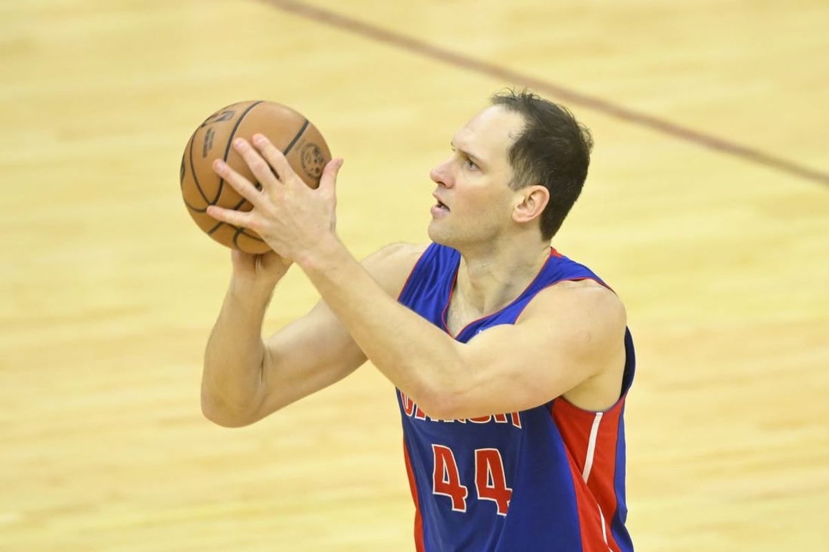 Jan 31, 2024; Cleveland, Ohio, USA; Detroit Pistons forward Bojan Bogdanovic (44) shoots in the fourth quarter against the Cleveland Cavaliers at Rocket Mortgage FieldHouse.