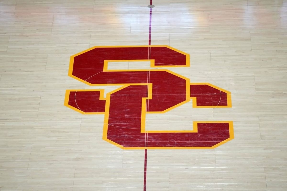 Nov 29, 2023; Los Angeles, California, USA The SC logo at midcourt during the game between the Southern California Trojans and the Eastern Washington Eagles at the Galen Center.