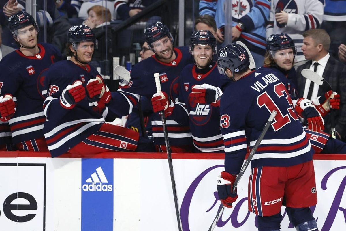 Dec 20, 2023; Winnipeg, Manitoba, CAN; Winnipeg Jets center Gabriel Vilardi (13) celebrates his second period goal against the Detroit Red Wings at Canada Life Centre.