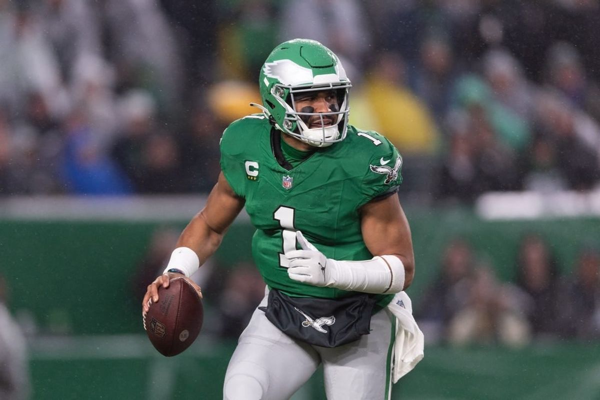 Nov 26, 2023; Philadelphia, Pennsylvania, USA; Philadelphia Eagles quarterback Jalen Hurts (1) in action against the Buffalo Bills at Lincoln Financial Field.