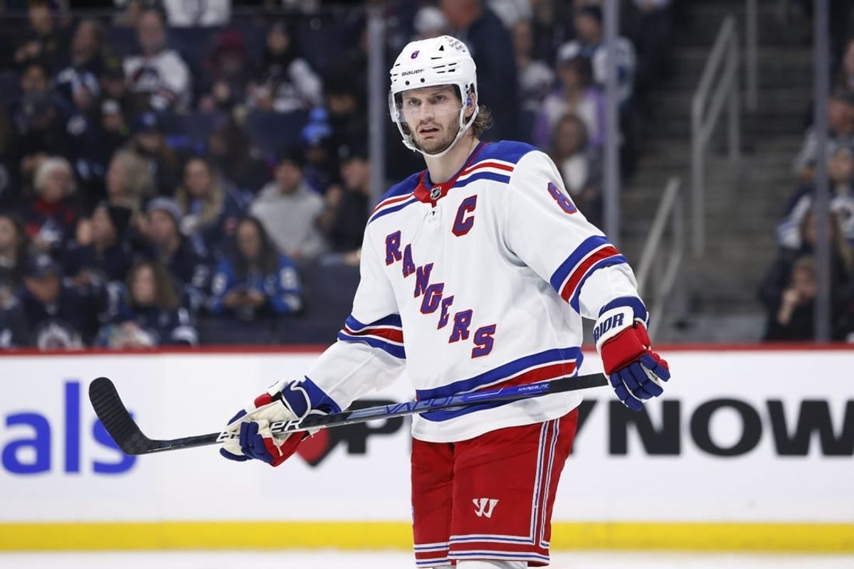 Oct 30, 2023; Winnipeg, Manitoba, CAN; New York Rangers defenseman Jacob Trouba (8) looks on in the second period against the Winnipeg Jets at Canada Life Centre.