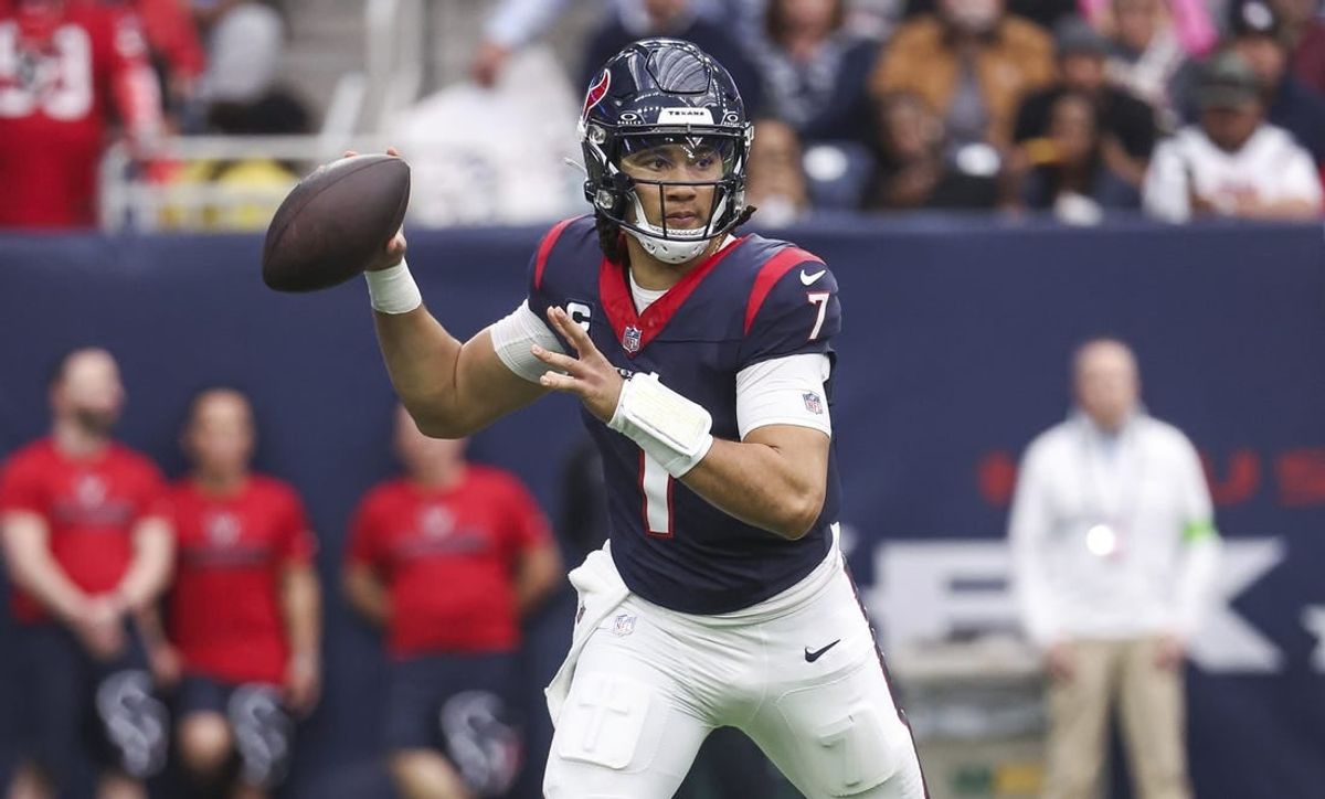 Dec 31, 2023; Houston, Texas, USA; Houston Texans quarterback C.J. Stroud (7) attempts a pass during the third quarter against the Tennessee Titans at NRG Stadium.