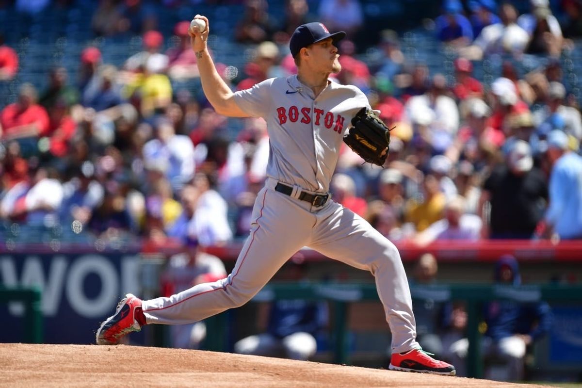 Apr 7, 2024; Anaheim, California, USA; Boston Red Sox pitcher Tanner Houck (89) throws against the Los Angeles Angels during the first inning at Angel Stadium.