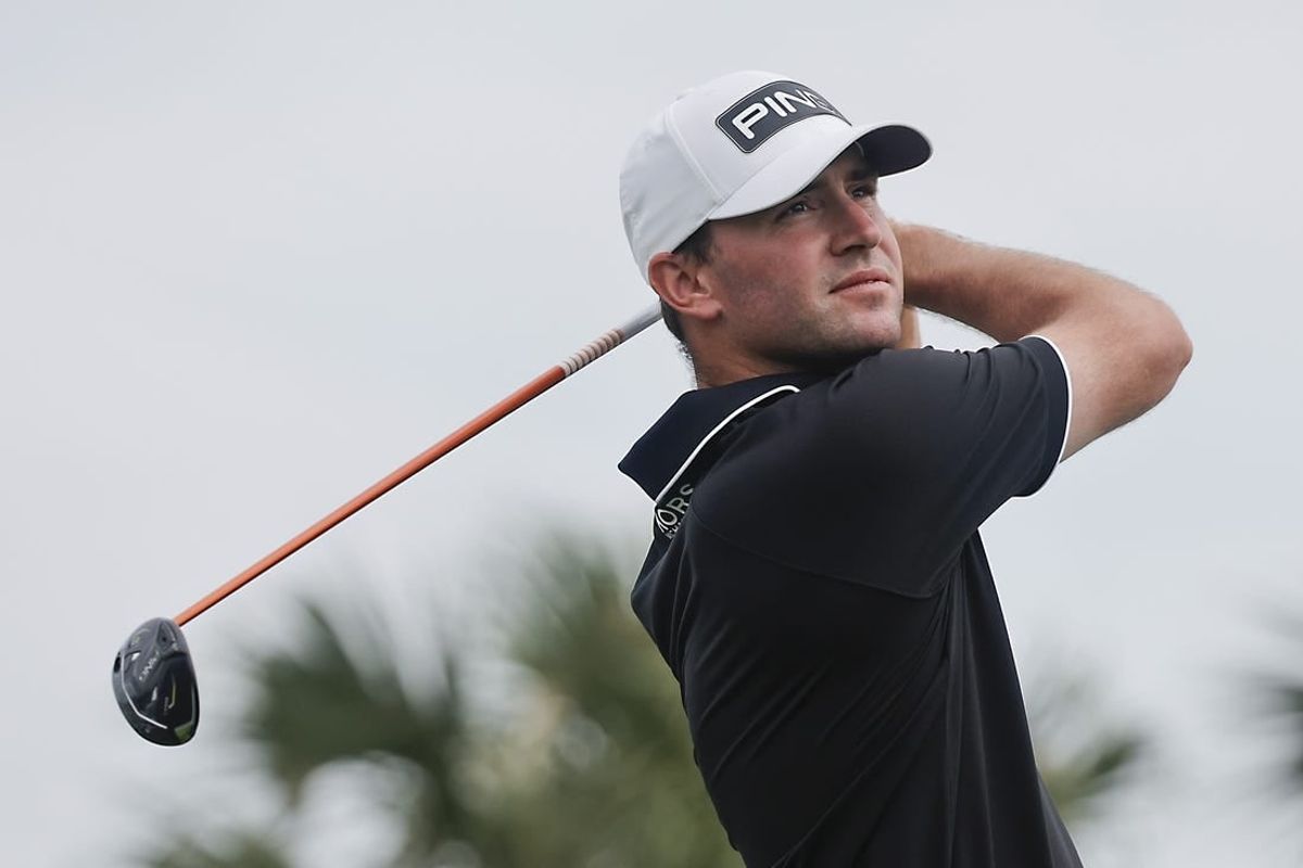 Mar 2, 2024; Palm Beach Gardens, Florida, USA; Austin Eckroat plays his shot from the fourth tee during the third round of the Cognizant Classic in The Palm Beaches golf tournament.