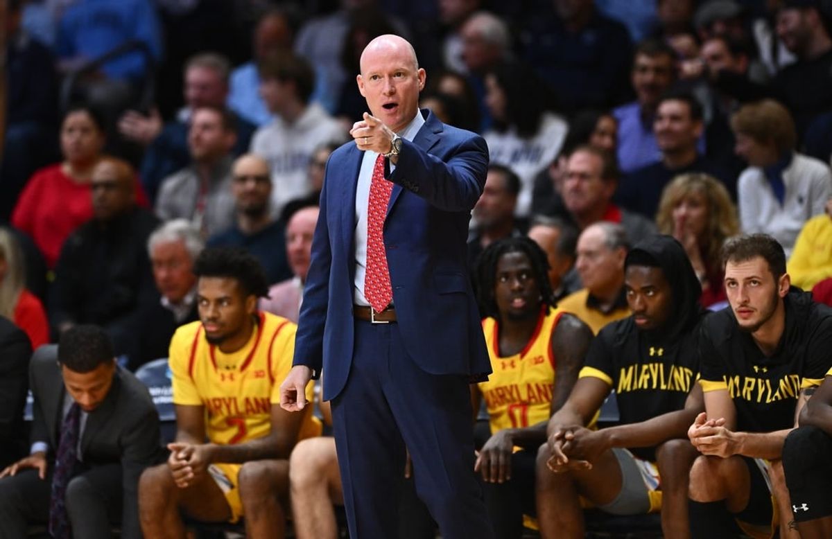 Nov 17, 2023; Villanova, Pennsylvania, USA; Maryland Terrapins head coach Kevin Willard calls out against the Villanova Wildcats in the first half at William B. Finneran Pavilion.